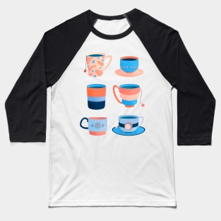 Coral and blue retro tea cups Baseball T-Shirt